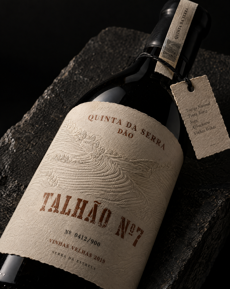 Design exploration: wine label with a terraced hillside embossed in four stepped levels.