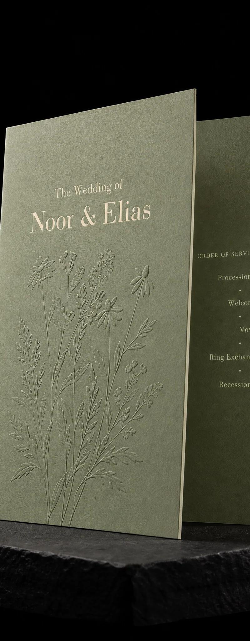 Wedding invitation with blind-emboss and folded.