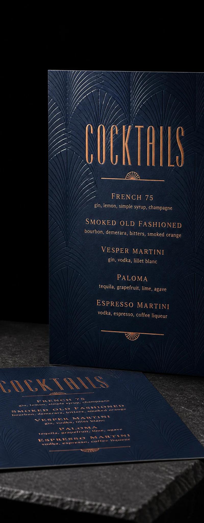 Wedding invitation with copper- foil stamping, raised-spot-uv and soft-touch-laminate.