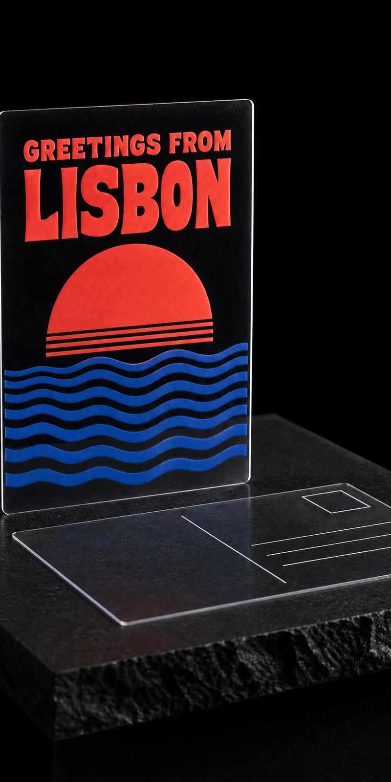 Clear PVC postcard printed in two Pantone spot colours with a retro sunset design
