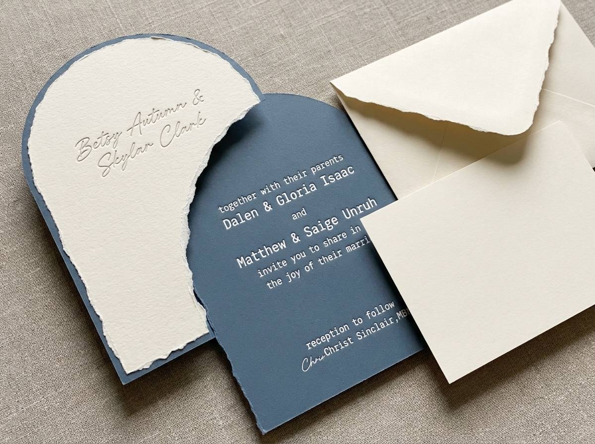 Duplex Arch with Deboss concept: Mohawk Superfine 140lb cream / Neenah Classic Crest 140lb slate blue duplex · deboss · letterpress