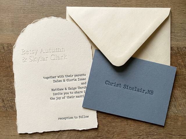 Arch + Blind Impression concept: Mohawk Superfine 48pt cream handmade / Mohawk Superfine 140lb slate blue · blind emboss · letterpress
