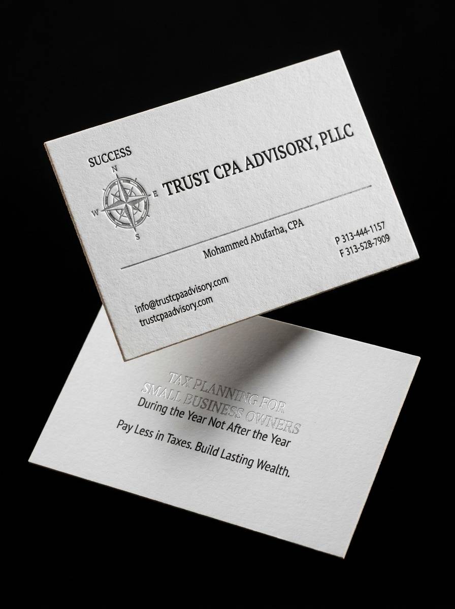 Emboss + Foil: Hierarchy Through Dimension concept: 32pt cotton · blind emboss · satin silver foil
