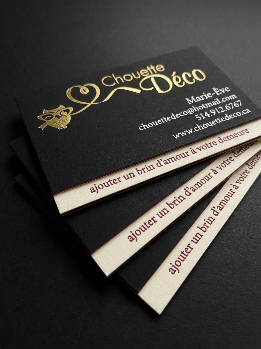 Duplex Gold & Letterpress Contrast concept: 48pt duplex (black cotton + cream cotton) · satin gold foil · burgundy letterpress on edge