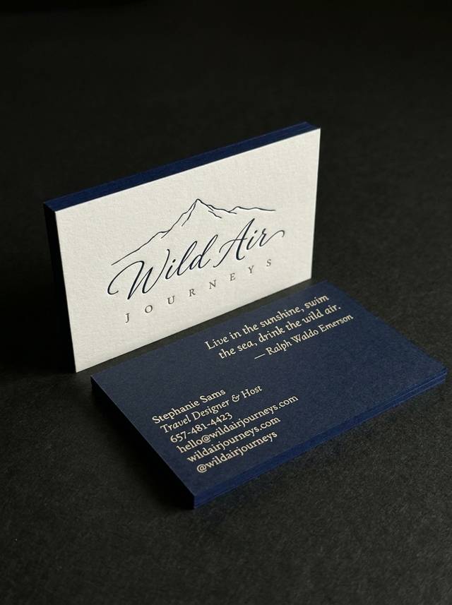 The Duplex Turn concept: 48pt warm white cotton duplex with navy core · deep letterpress · duplex with painted navy edge