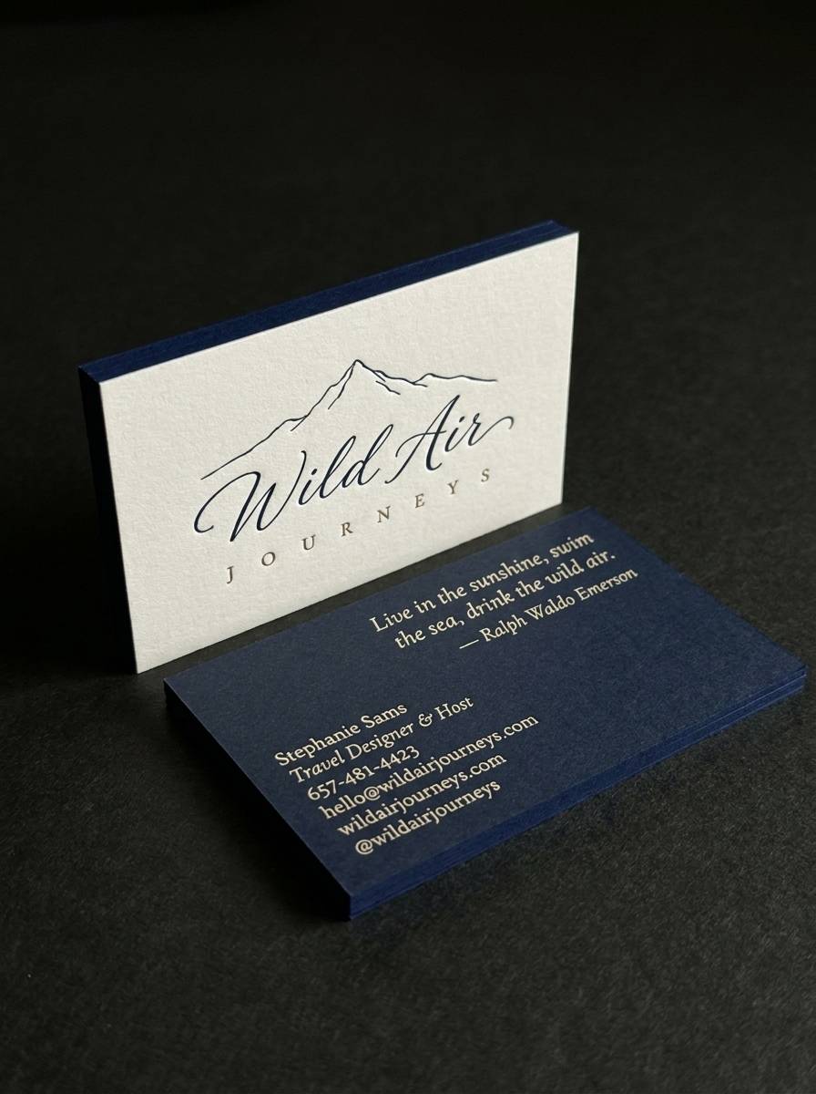 The Duplex Turn concept: 48pt warm white cotton duplex with navy core · deep letterpress · duplex with painted navy edge