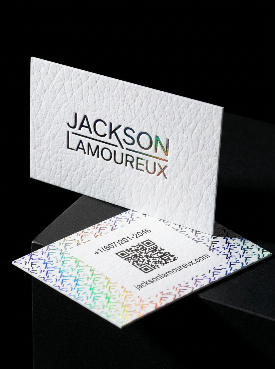 Gmund Leather — Snow (bright white, leather grain) (300gsm) concept: Gmund Leather — Snow (bright white, leather grain) (300gsm) · Hot Chenhui L5-004D Blue Holographic Foil (Black) · Hot Chenhui L5-004D Blue Holographic Foil (White) · 300gsm (≈0.4 mm)