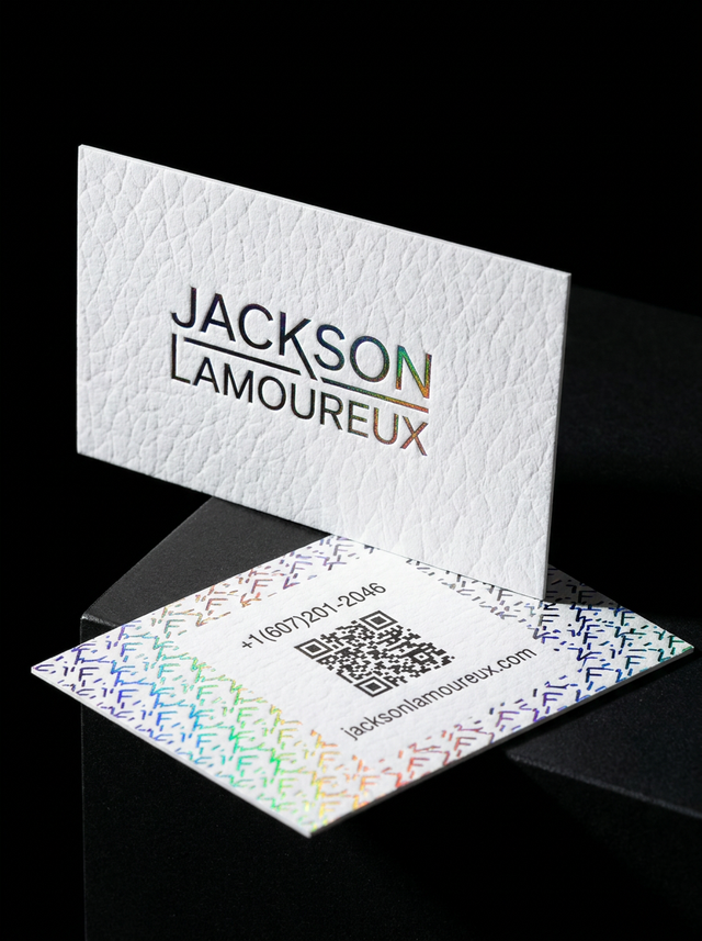 Gmund Leather — Snow (bright white, leather grain) (300gsm) concept: Gmund Leather — Snow (bright white, leather grain) (300gsm) · Hot Chenhui L5-004D Blue Holographic Foil (Black) · Hot Chenhui L5-004D Blue Holographic Foil (White) · 300gsm (≈0.4 mm)