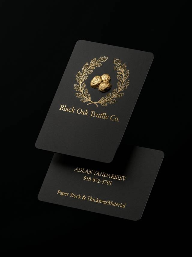 The Founder's Vision concept: 16pt matte black cardstock · flat hot foil stamping, Metallic Bright Gold
