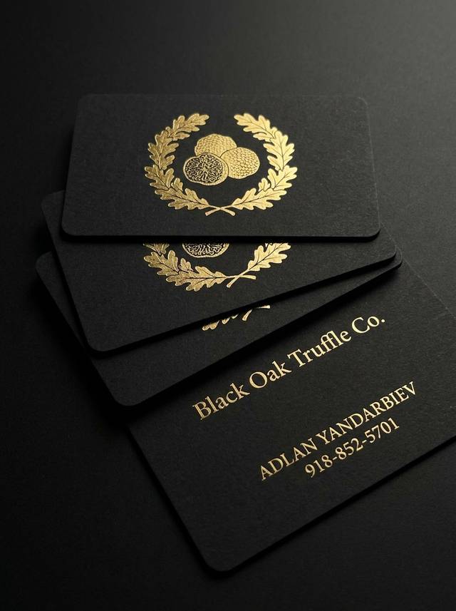 The Art Director's Push concept: 24pt matte black cardstock · flat hot foil stamping, Metallic Bright Gold, front and back