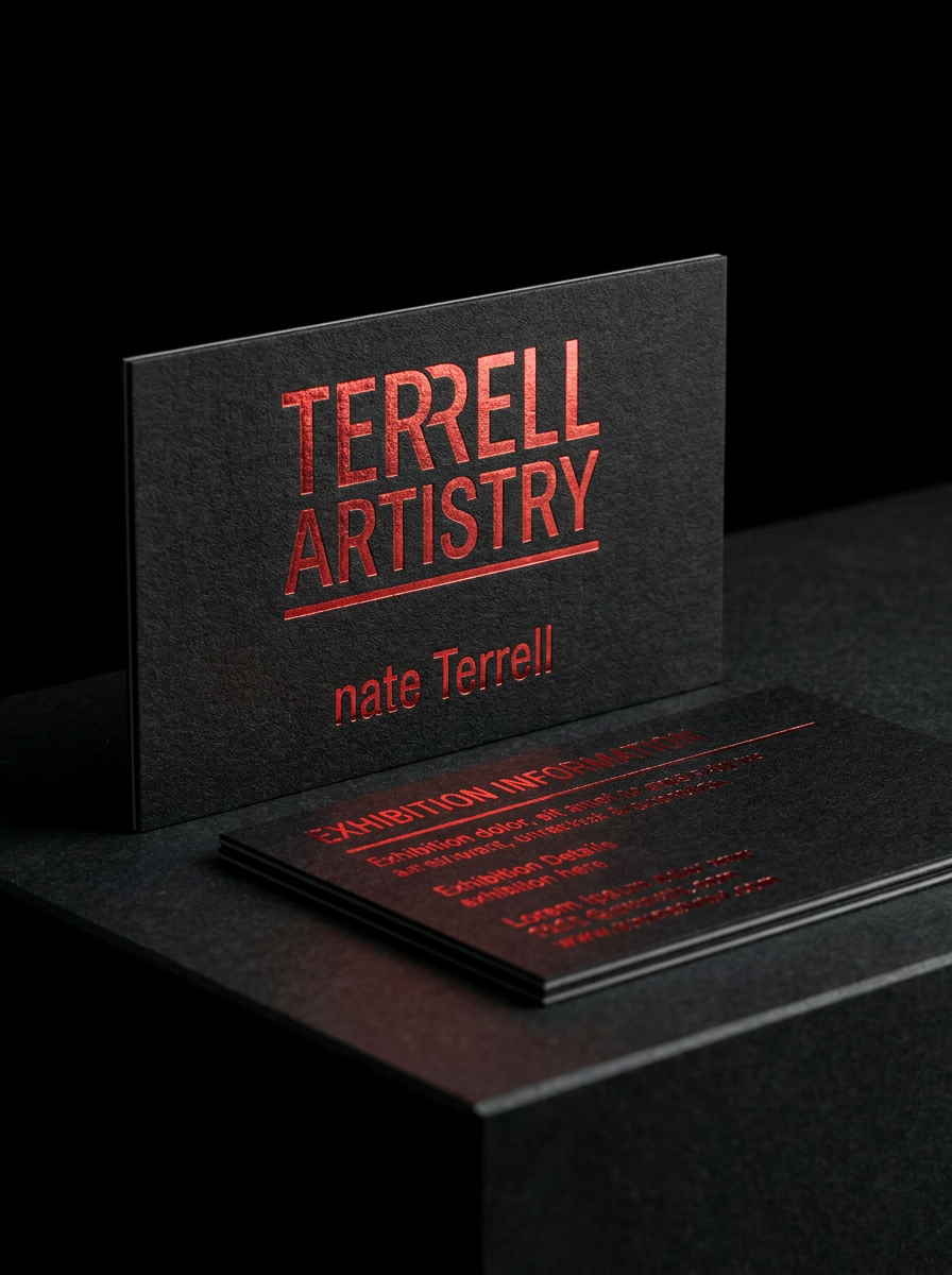 Gmund Leather — Coal (deep near-black, leather grain) (300gsm) concept: Gmund Leather — Coal (deep near-black, leather grain) (300gsm) · red foil · 300gsm (≈0.4 mm)