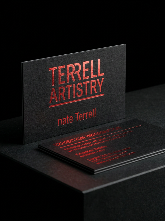 Gmund Leather — Coal (deep near-black, leather grain) (300gsm) concept: Gmund Leather — Coal (deep near-black, leather grain) (300gsm) · red foil · 300gsm (≈0.4 mm)
