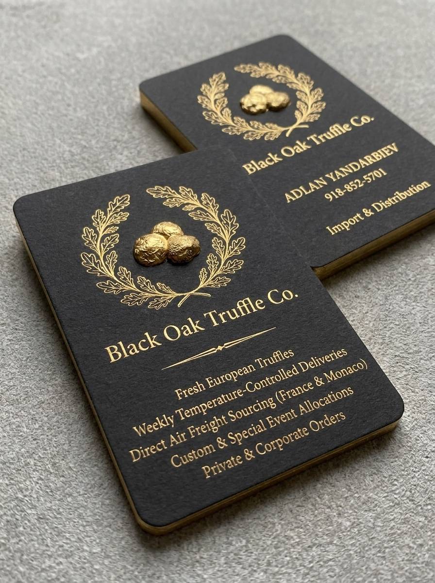 The Sculptor's Gold concept: 48pt ultra-heavy true black cotton · raised gold foil (emblem) · flat gold foil (type)