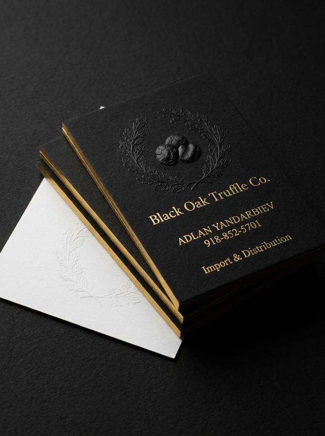 The Layered Authority concept: 48pt black cotton / white cotton duplex · deep emboss (black face, no ink) · flat gold foil (type)