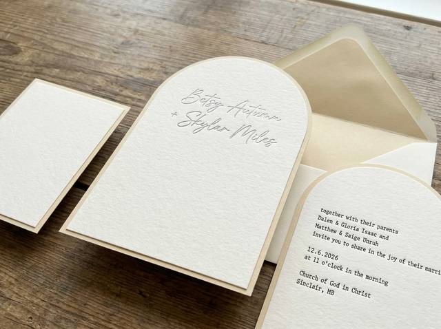 Duplex Arch with Foil concept: Mohawk Via 110lb cream handmade + 80lb warm cream duplex · Arch die-cut · Satin silver foil
