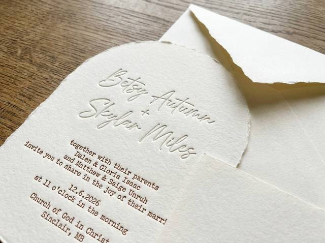 Blind Arch with Typewriter Emboss concept: Mohawk Via 110lb cream handmade · Arch die-cut · Ripped edge
