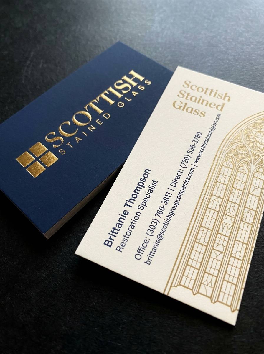 Concept 1: Their Words, at the Highest Craft concept: 20pt soft-touch cardstock duplex (navy/cream) · Raised metallic gold foil · Offset 2-colour print