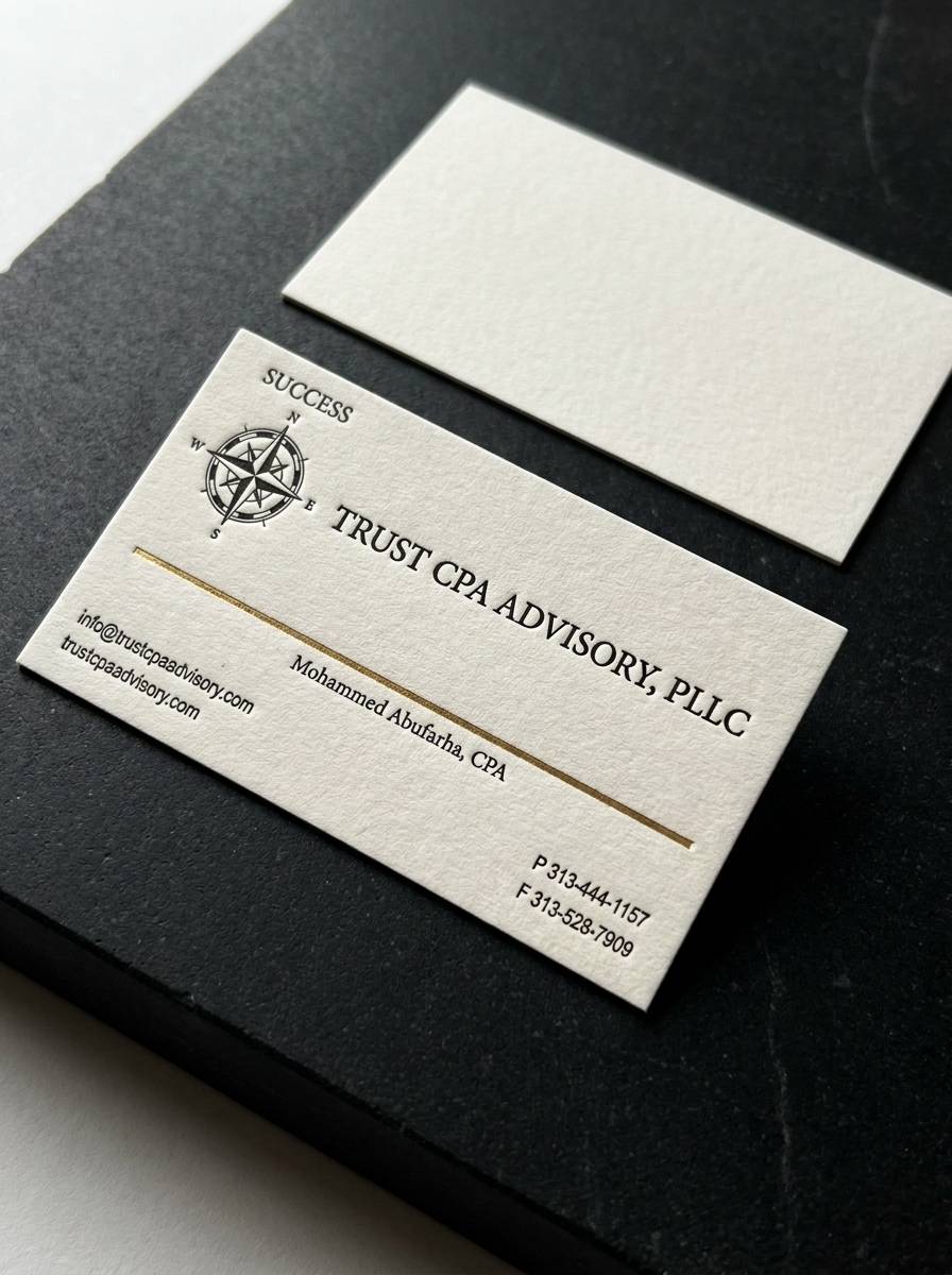 Cotton 32pt (Warm Off-White) concept: Cotton 32pt (Warm Off-White) · Letterpress (2 Spot Colors: Black & Antique Gold) · Deboss