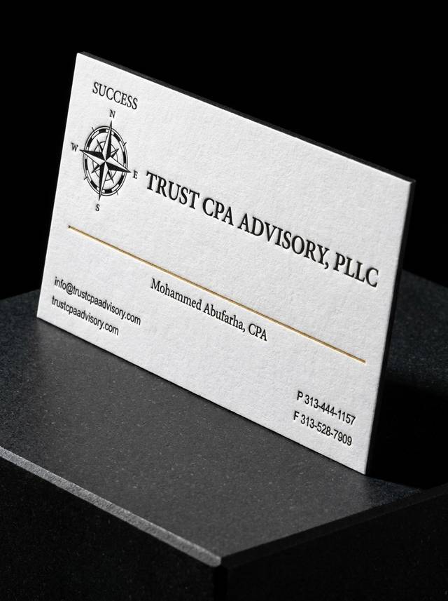 32pt Bright White Uncoated concept: 32pt Bright White Uncoated · Letterpress (2 Spot Colors) · Edge Painting (Black)