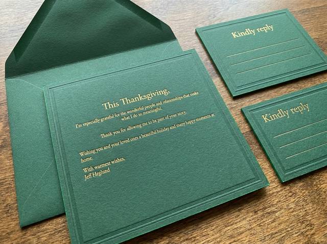Letterpress Warmth concept: Neenah Classics Forest Green 110lb cotton · Letterpress (PMS 871) · Blind deboss