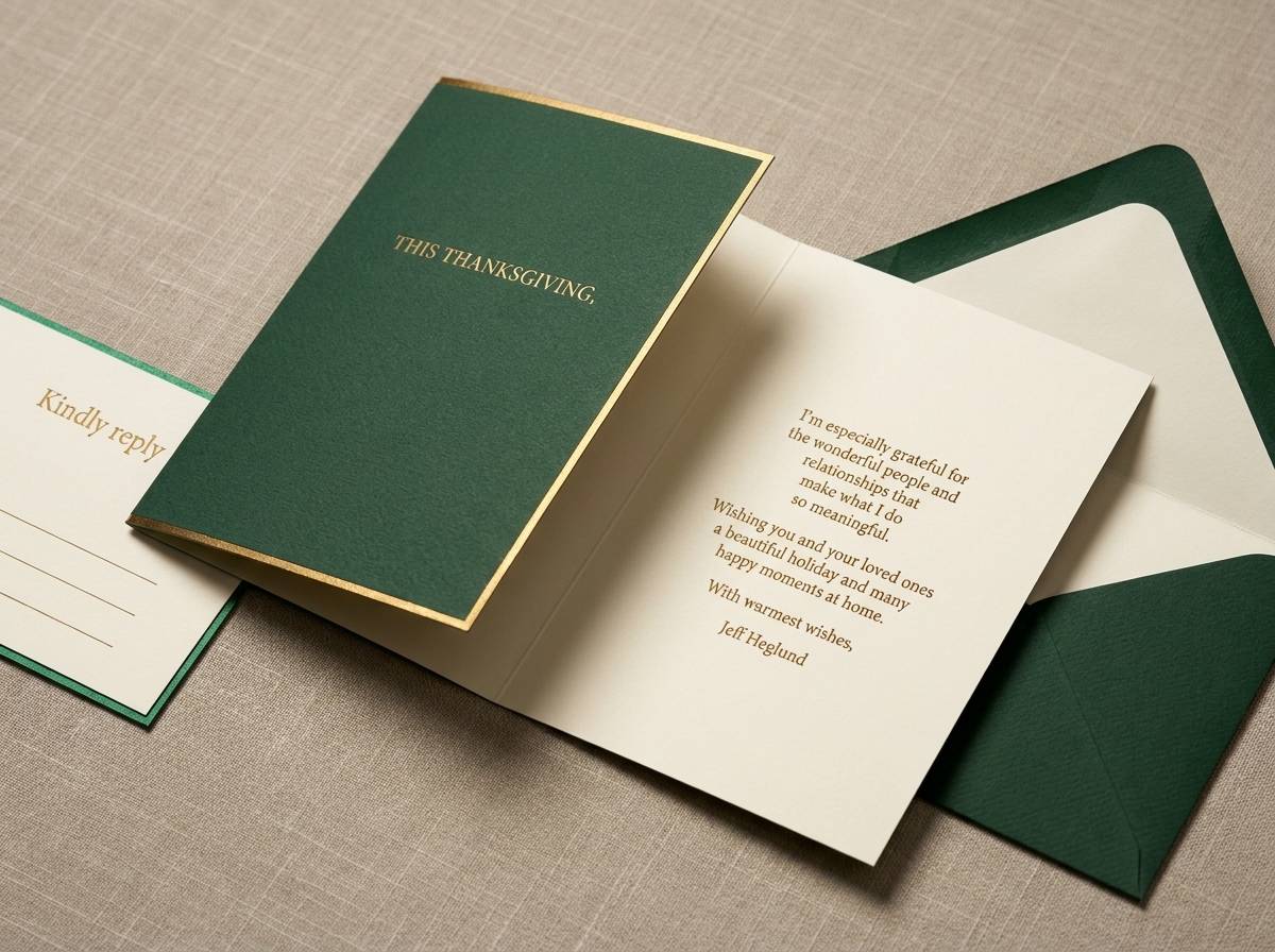 Foil and Duplex Depth concept: 110lb duplex (forest green / natural white) · Hot foil stamp (PMS 871 satin)