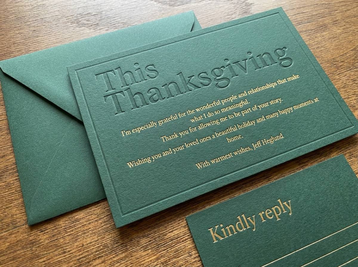 Blind Emboss Eloquence concept: Mohawk Superfine forest green 80lb · Blind emboss (48pt) · Letterpress (PMS 871)