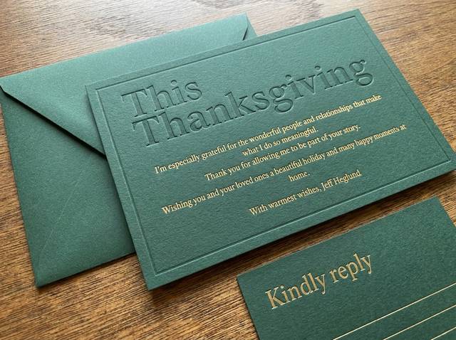 Blind Emboss Eloquence concept: Mohawk Superfine forest green 80lb · Blind emboss (48pt) · Letterpress (PMS 871)