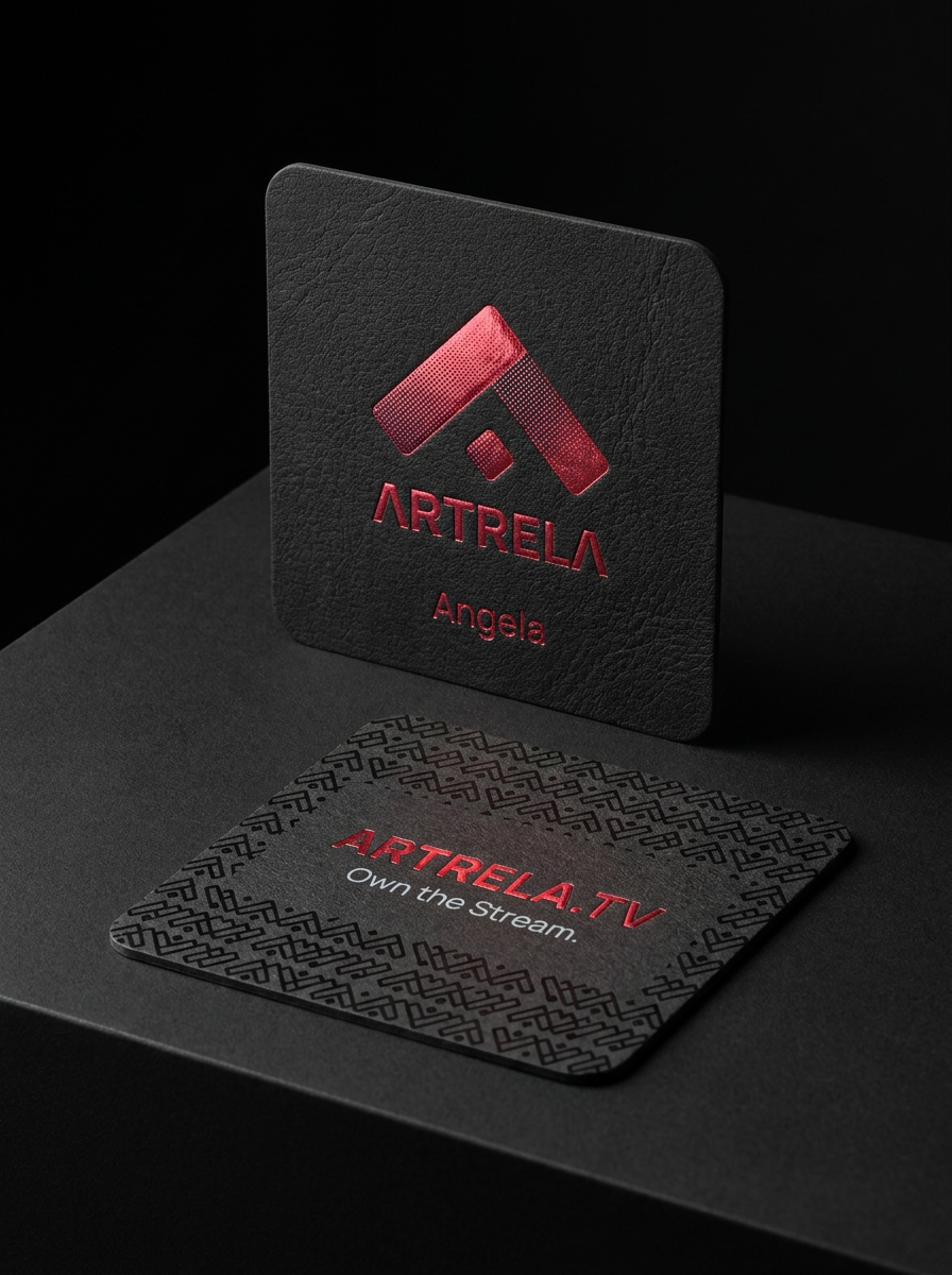 Gmund Leather — Coal (deep near-black, leather grain) (300gsm) concept: Gmund Leather — Coal (deep near-black, leather grain) (300gsm) · Chenhui L3-003A Ruby Gemstone Foil · Rounded Corners · 300gsm (≈0.4 mm)
