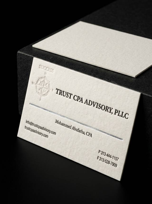 Cotton 32pt (Warm Off-White) concept: Cotton 32pt (Warm Off-White) · Letterpress (1-Color Process Black) · Silver foil