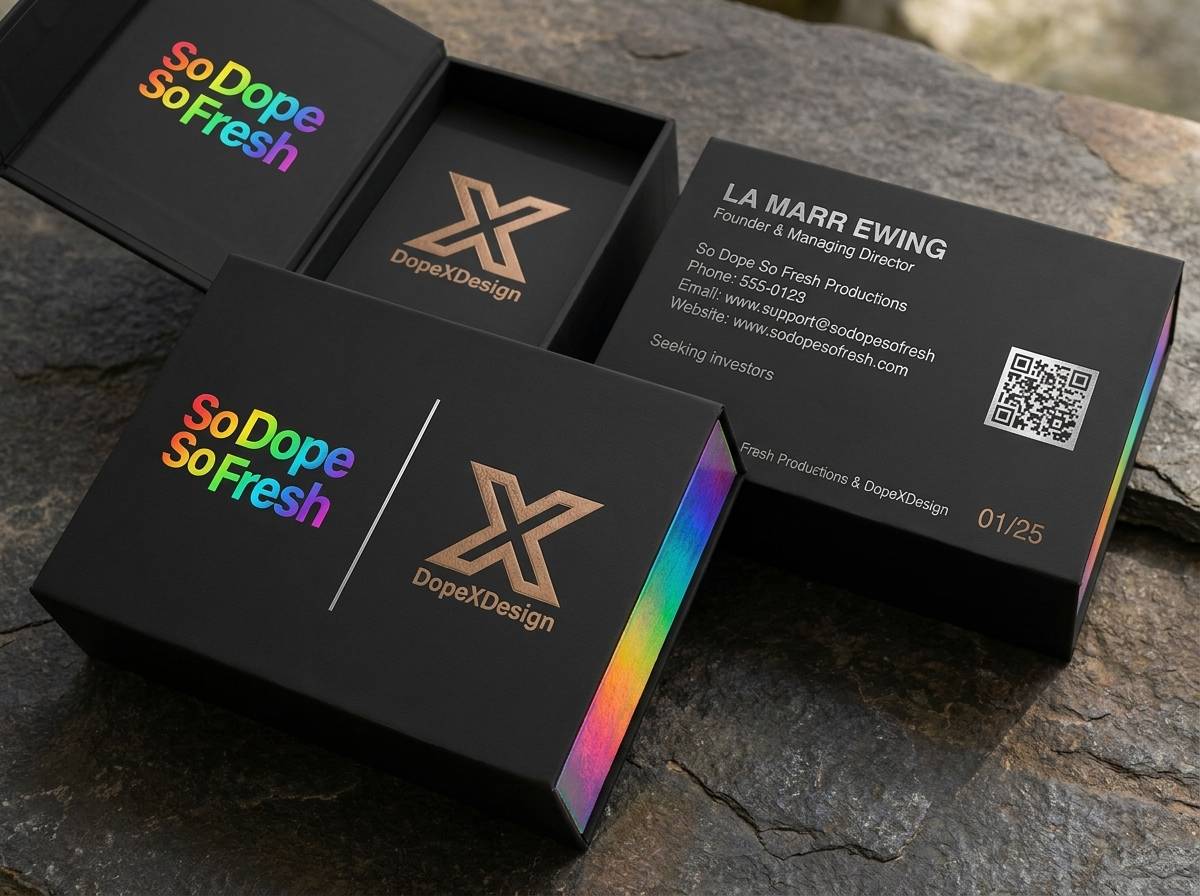 Drop 03: The Collector's Statement concept: 32pt ultra-thick matte black cardstock · hot foil (silver + tan-bronze) · 4-colour process