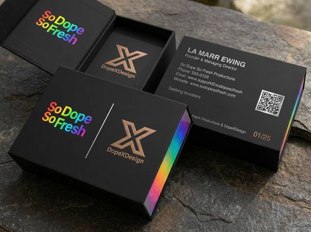 Drop 03: The Collector's Statement concept: 32pt ultra-thick matte black cardstock · hot foil (silver + tan-bronze) · 4-colour process