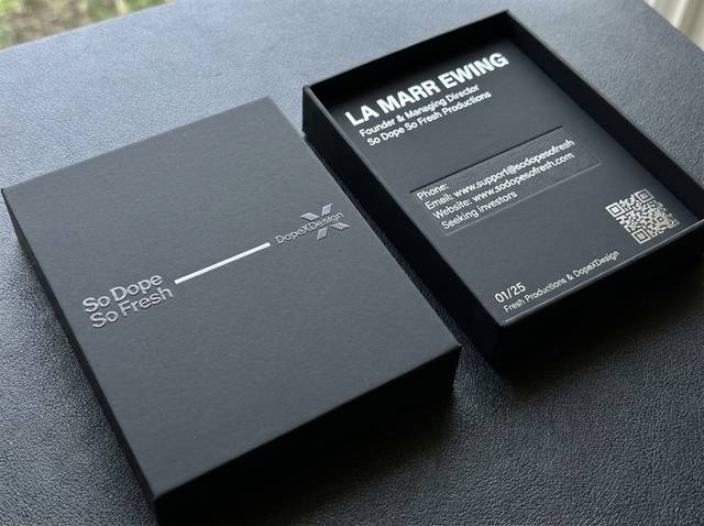 Drop 03: Embossed Minimalist concept: 32pt ultra-thick matte black cardstock · raised emboss · silver foil