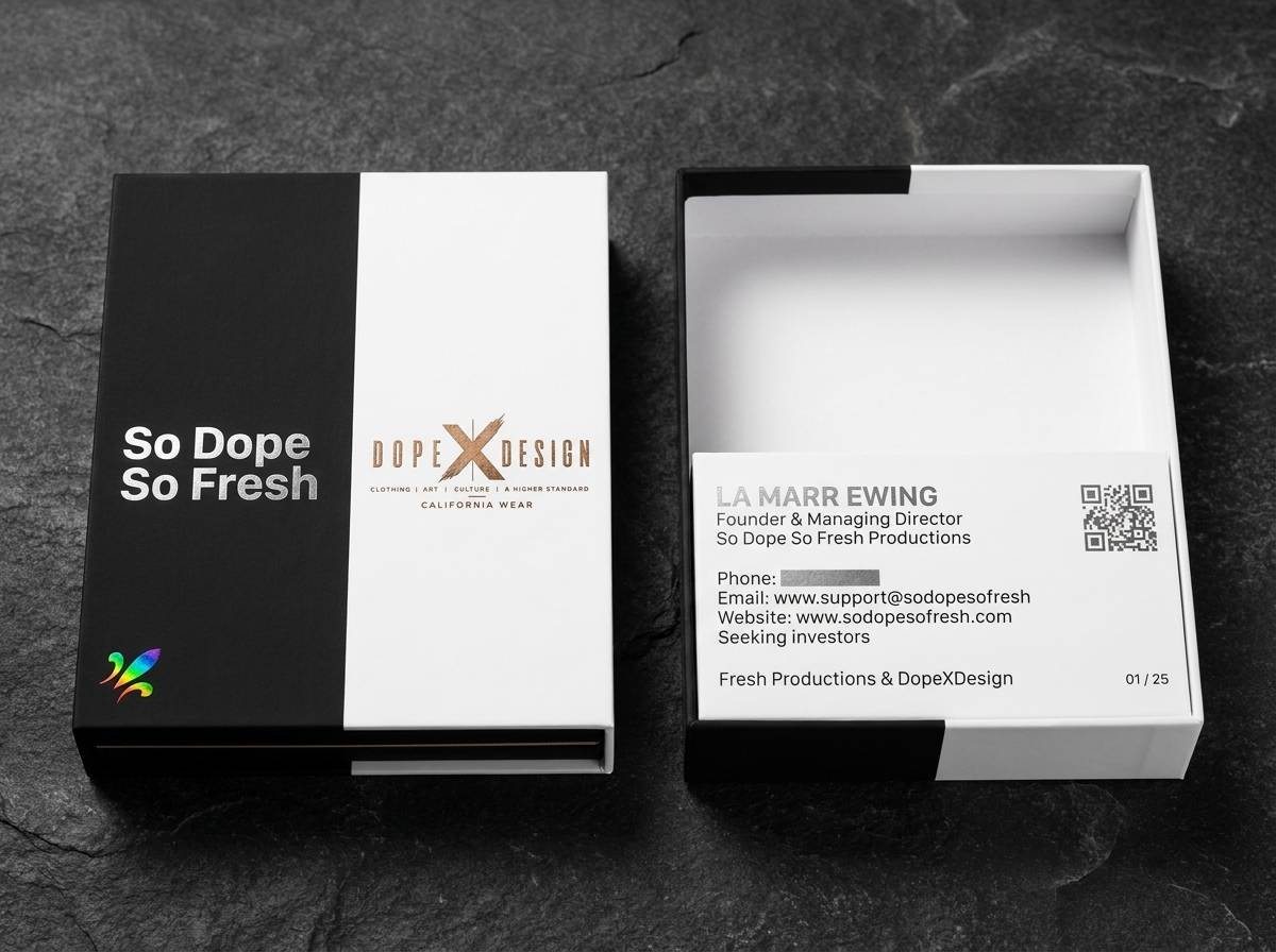 Drop 03: Duplex Split concept: 32pt duplex (matte black + white) · hot foil (silver + tan-bronze) · spot ink rainbow accents