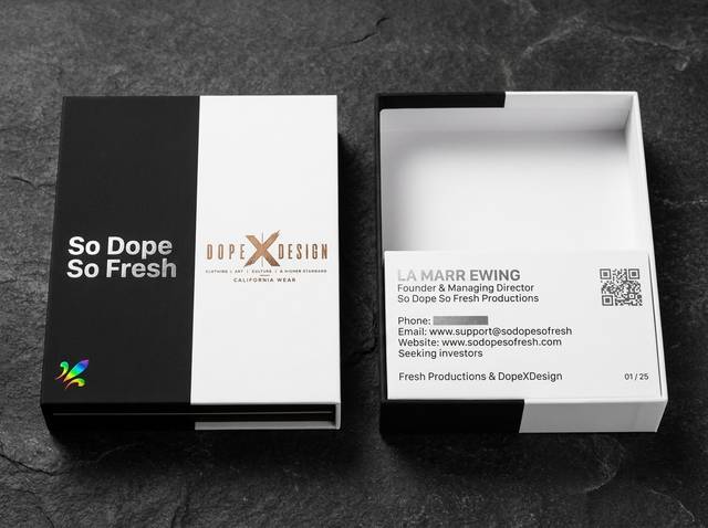 Drop 03: Duplex Split concept: 32pt duplex (matte black + white) · hot foil (silver + tan-bronze) · spot ink rainbow accents