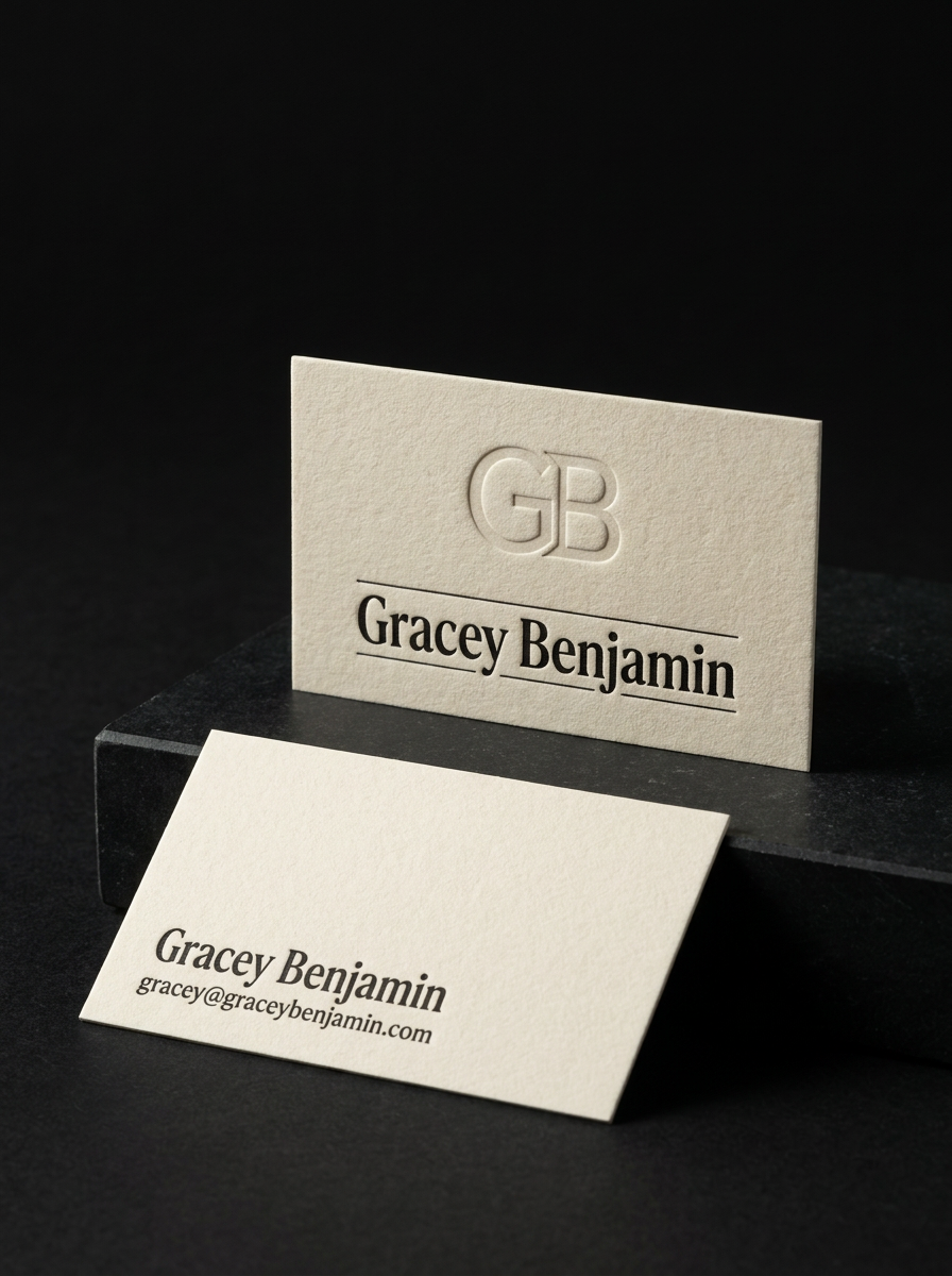 Gmund Cotton — Linen Cream (soft warm cream) (300gsm) concept: Gmund Cotton — Linen Cream (soft warm cream) (300gsm) · Letterpress (Process Black) · Blind Deboss · 300gsm (≈0.4 mm)