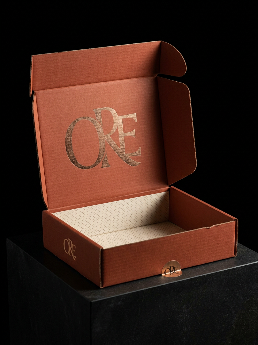 Premium printed corrugated mailer concept: corrugated white · matte_lam · printed_interior