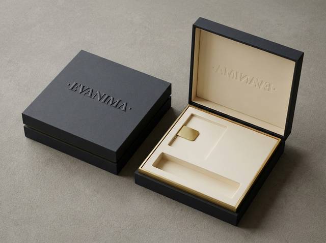 The Tactile Object concept: Charcoal uncoated matte (exterior); warm ivory uncoated matte (interior) · Embossed logo (raised) · Brushed brass inlay mounting tab (portrait compartment)