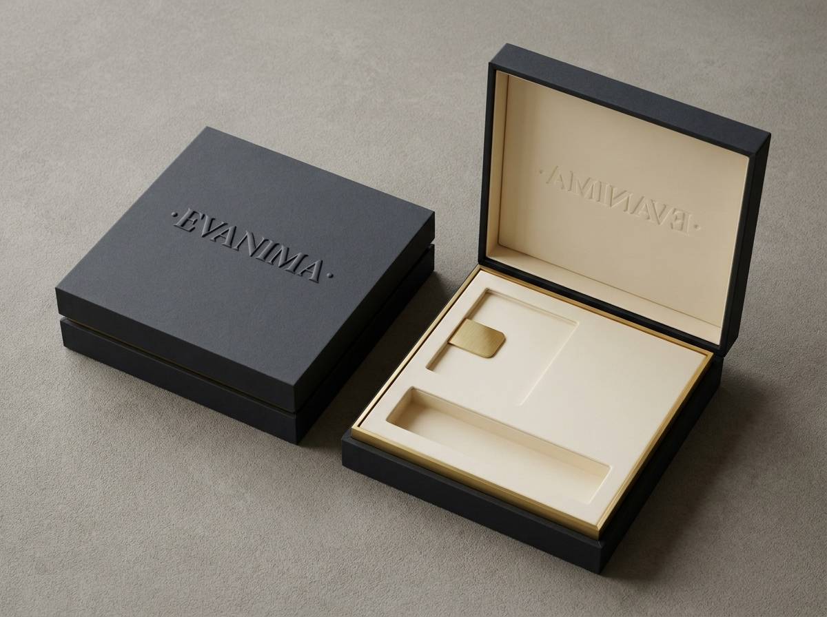 The Tactile Object concept: Charcoal uncoated matte (exterior); warm ivory uncoated matte (interior) · Embossed logo (raised) · Brushed brass inlay mounting tab (portrait compartment)