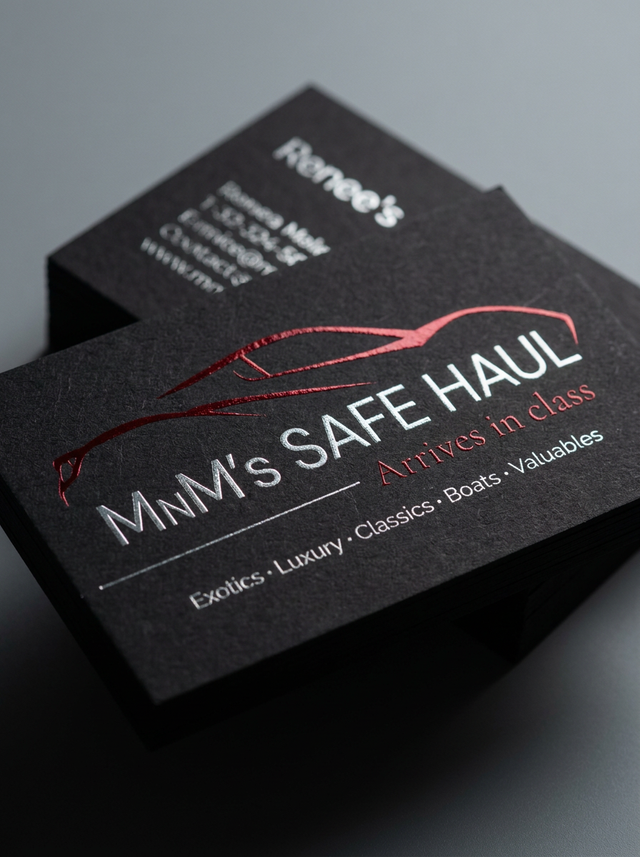 Foil on Black Stock concept: Black 48pt · Hot Foil (Deep Red Gloss) · Hot Foil (Silver)