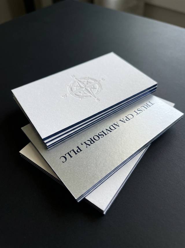 Mark and Duplex Flip concept: 32pt duplex natural/navy · blind deboss · satin silver foil