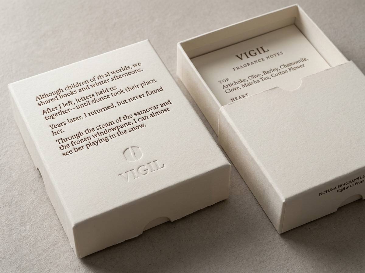 Vigil: Ivory Cotton, Embossed Emblem concept: Natural cotton, 48pt · Blind emboss · Letterpress