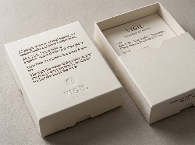 Vigil: Ivory Cotton, Embossed Emblem concept: Natural cotton, 48pt · Blind emboss · Letterpress