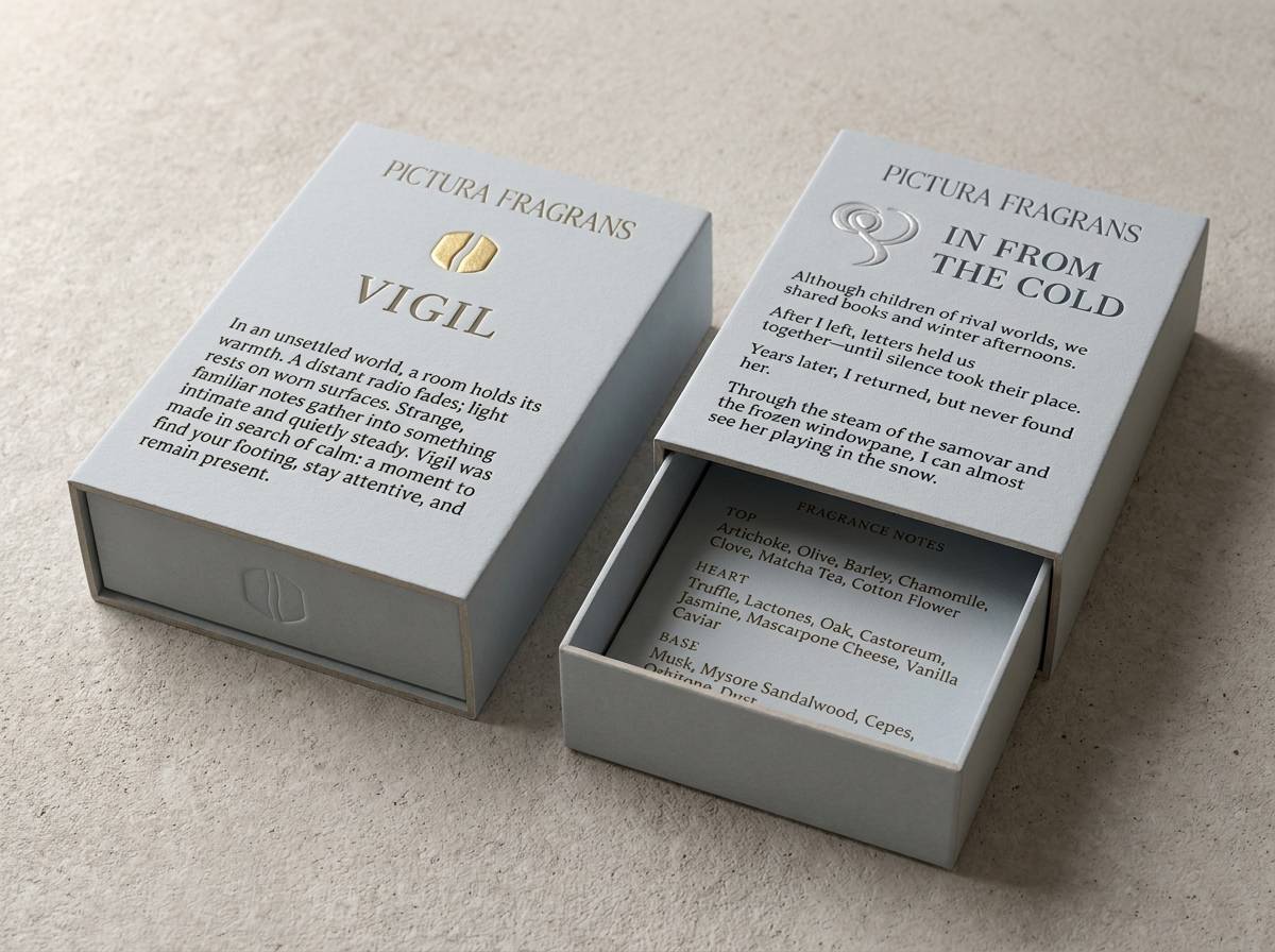 Vigil: Embossed & Debossed Tonal Interplay concept: Pale cool grey uncoated art paper, 48pt · Blind deboss (story, brand name) · Emboss (emblem, from reverse)