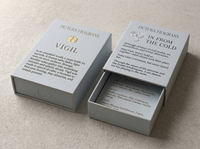 Vigil: Embossed & Debossed Tonal Interplay concept: Pale cool grey uncoated art paper, 48pt · Blind deboss (story, brand name) · Emboss (emblem, from reverse)