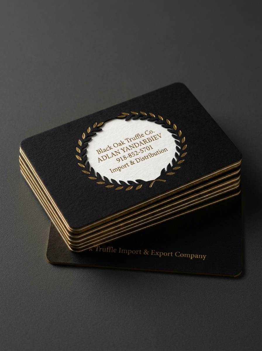 The Duplex Reveal concept: 32pt black cotton duplex (white core) · Die-cut wreath silhouette · Flat hot foil stamping