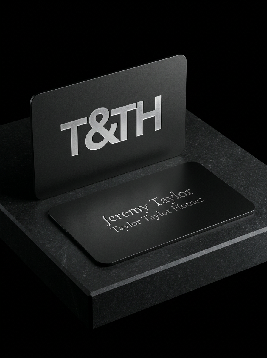 Matte black metal (anodised / powder-coated steel) concept: Matte black metal (anodised / powder-coated steel) · Laser deboss · Rounded corners