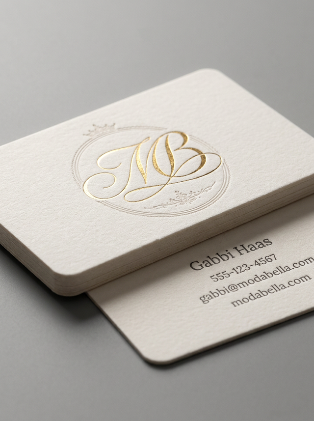 Blind Emboss with Gold Foil Accent on Cotton concept: Warm Off-White Cotton 48pt · Blind Emboss · Hot Foil (Dark Gold)