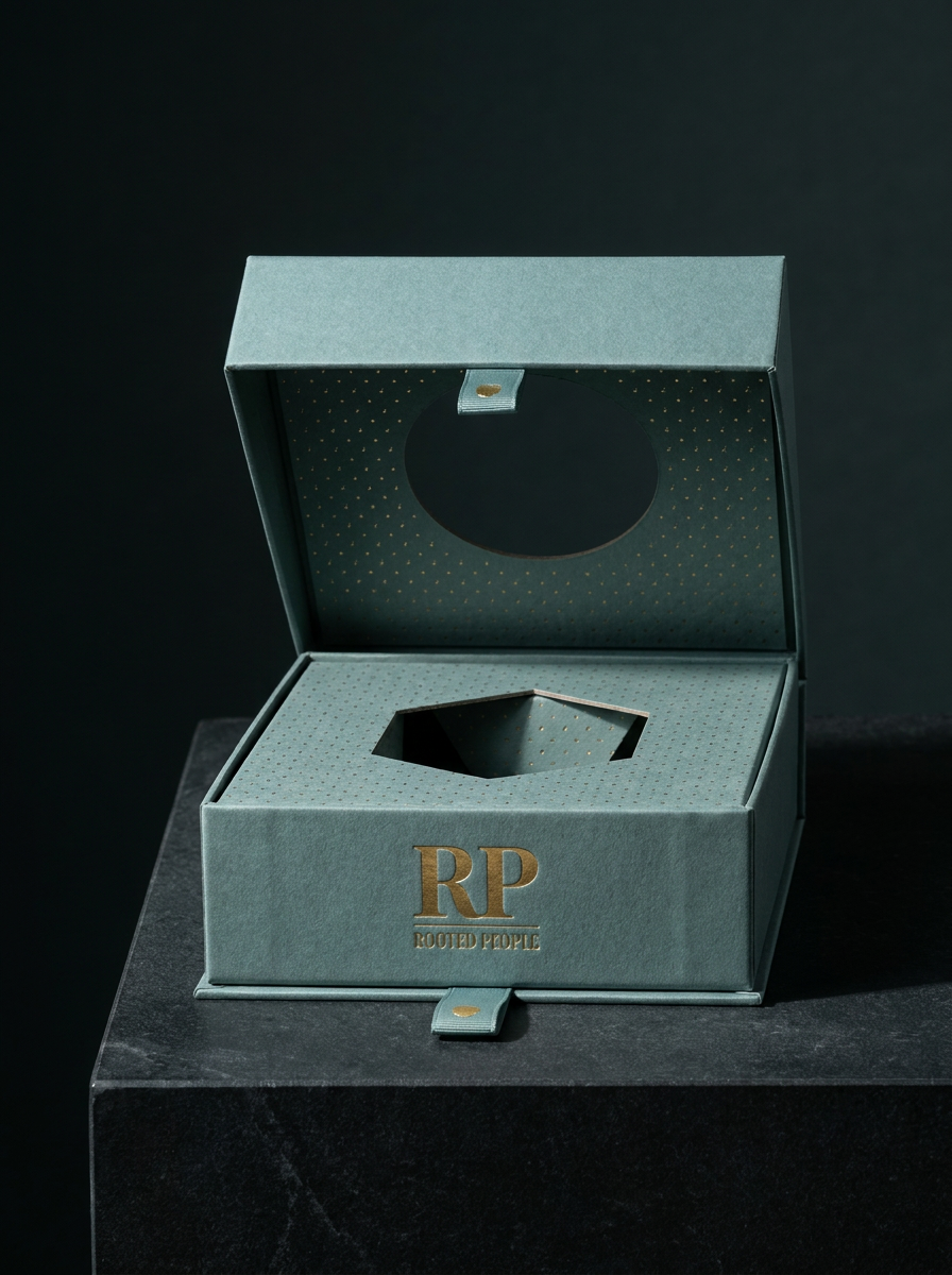 Magnetic-closure wrap concept: rigid chipboard · emboss · ribbon