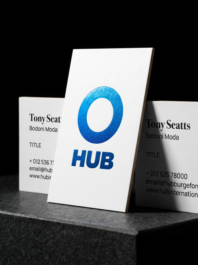 Flat Hot Foil on Silk concept: Silk Laminate 16pt · Hot Foil (Vivid Blue)
