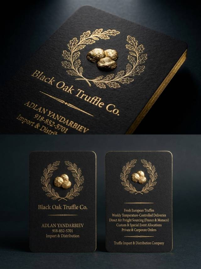 The Embossed Gold Standard concept: 48pt ultra-heavy black cotton · raised gold foil emblem · flat gold foil type